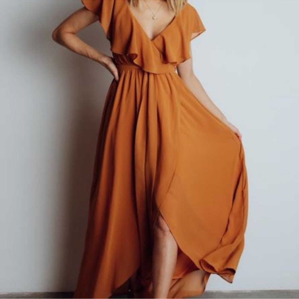 BalticBorn Rust Ruffle Wrap v-neck Maxi Dress terracotta orange flowy